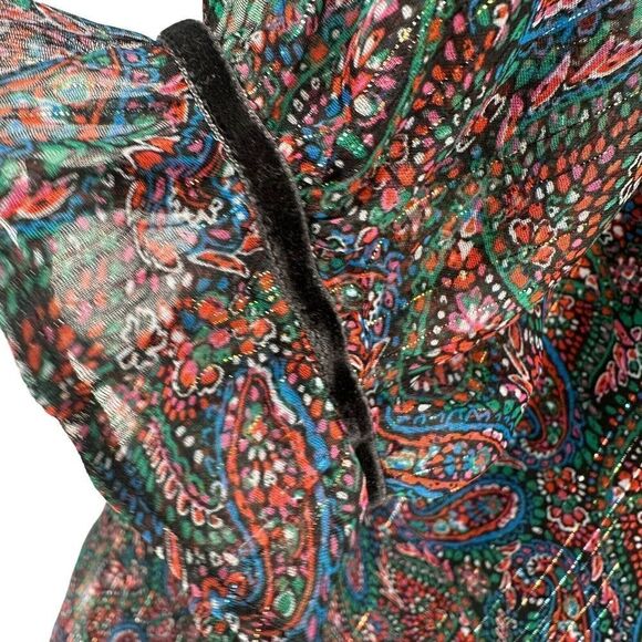 LOFT Shimmer Paisley Velvet Trim Swing Dress XS Black Long Sleeve Ruffle Cuff - Picture 2 of 11